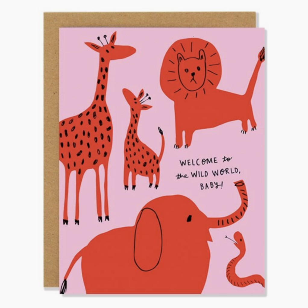 pink card with red savannah animals and black text