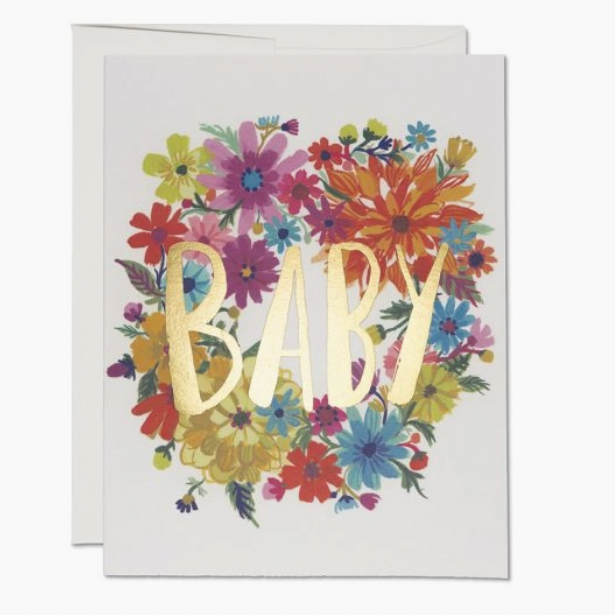 card with floral wreath and gold words that read "BABY"
