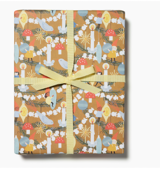 little elves clinging on ornaments on golden wrap