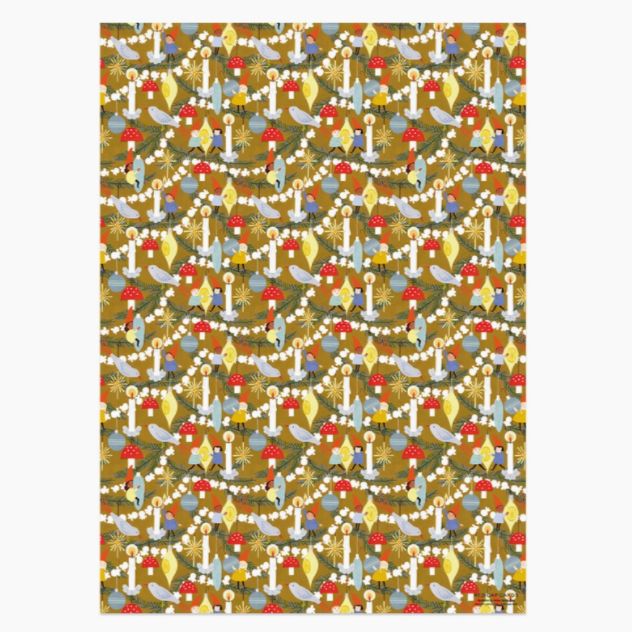 little elves clinging on ornaments on golden wrap sheet