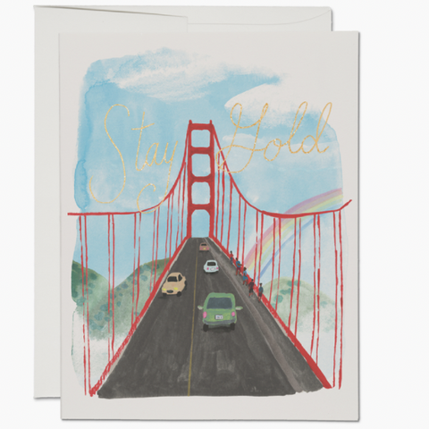 card with painting of cars going over the Golden Gate Bridge with words "Stay Gold."