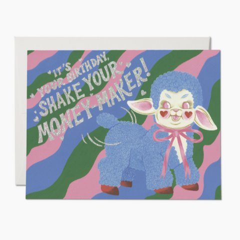 pink and purple lamb toy card that reads "It's your birthday shake your money maker!"