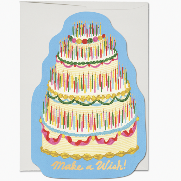 die-cut card with five layer birthday cake with many many candles reading "make a wish!"