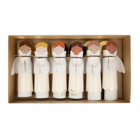 row of angel crackers with varying skin tones in box