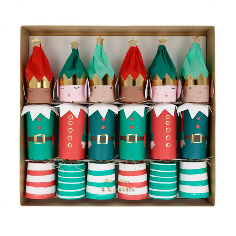 elf crackers with varying skin tones and red and green outfits in box