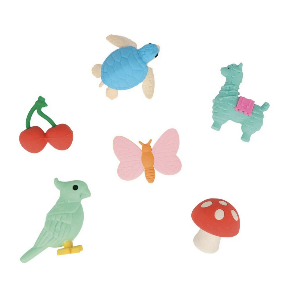 colorful shaped erasers: turtle, cherries, bird, mushroom, llams, butterfy