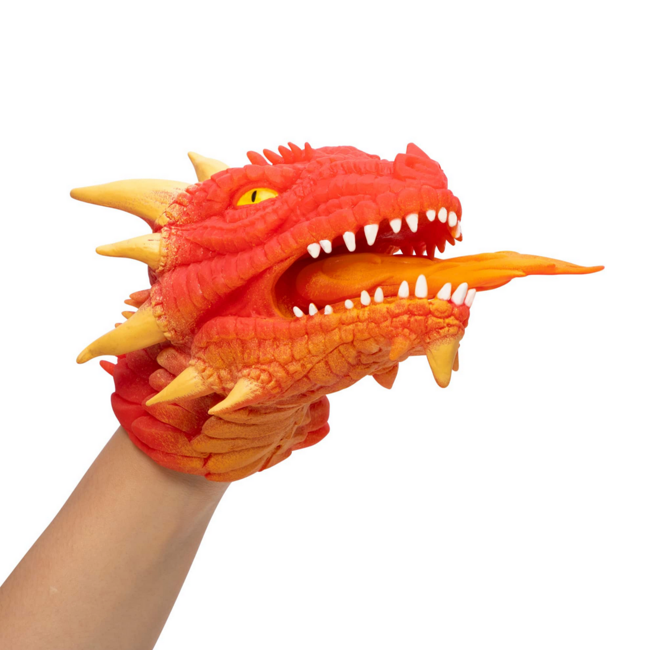 red dragon hand puppet on hand