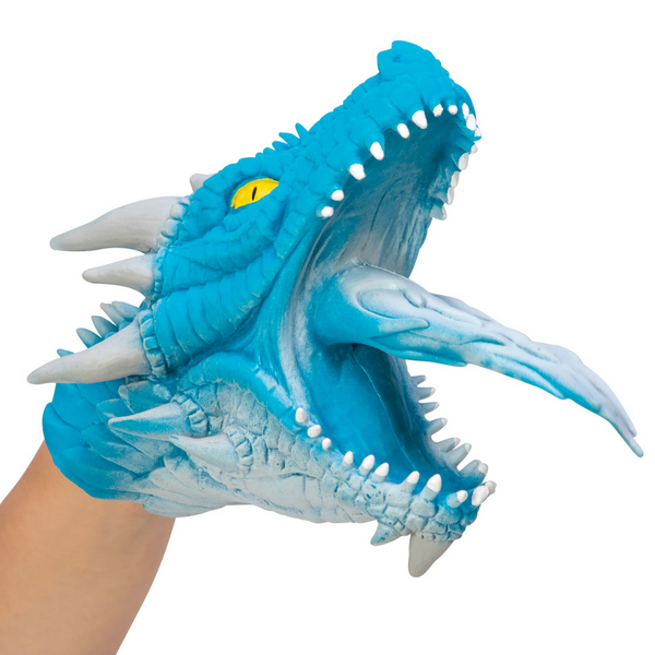 blue dragon hand puppet with mouth opened