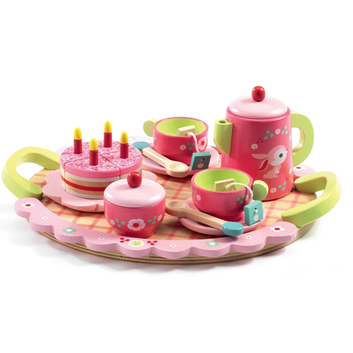 pink wooden tea set with 2 cups, 2 spoons, 2 small plates, 1 cake plate, 1 cake (4 slices w/ candles), 2 tea bags, 1 sugar bowl, 1 teapot, 1 tray