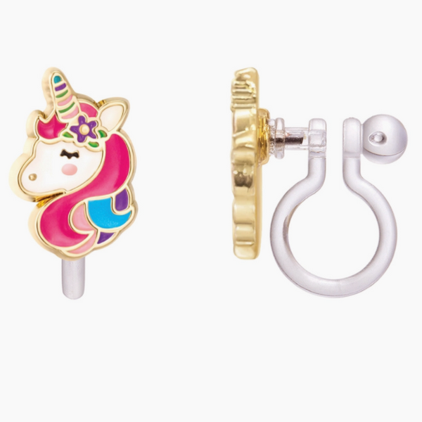  clip on earring with a cartoon illustration of a unicorn with colored hair