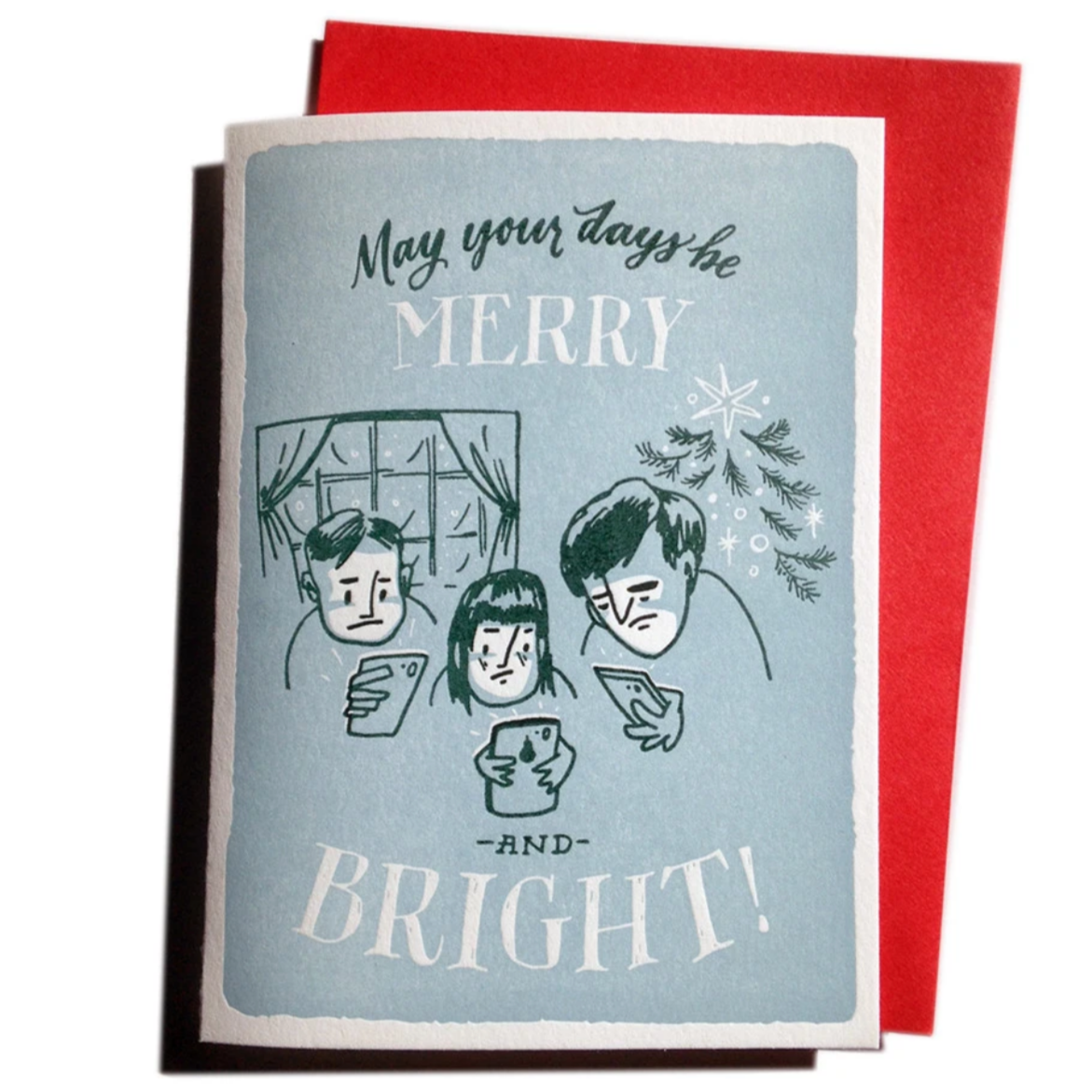 three people huddled in front of their phone screens on card saying "may your days be Merry and Bright! red envelope