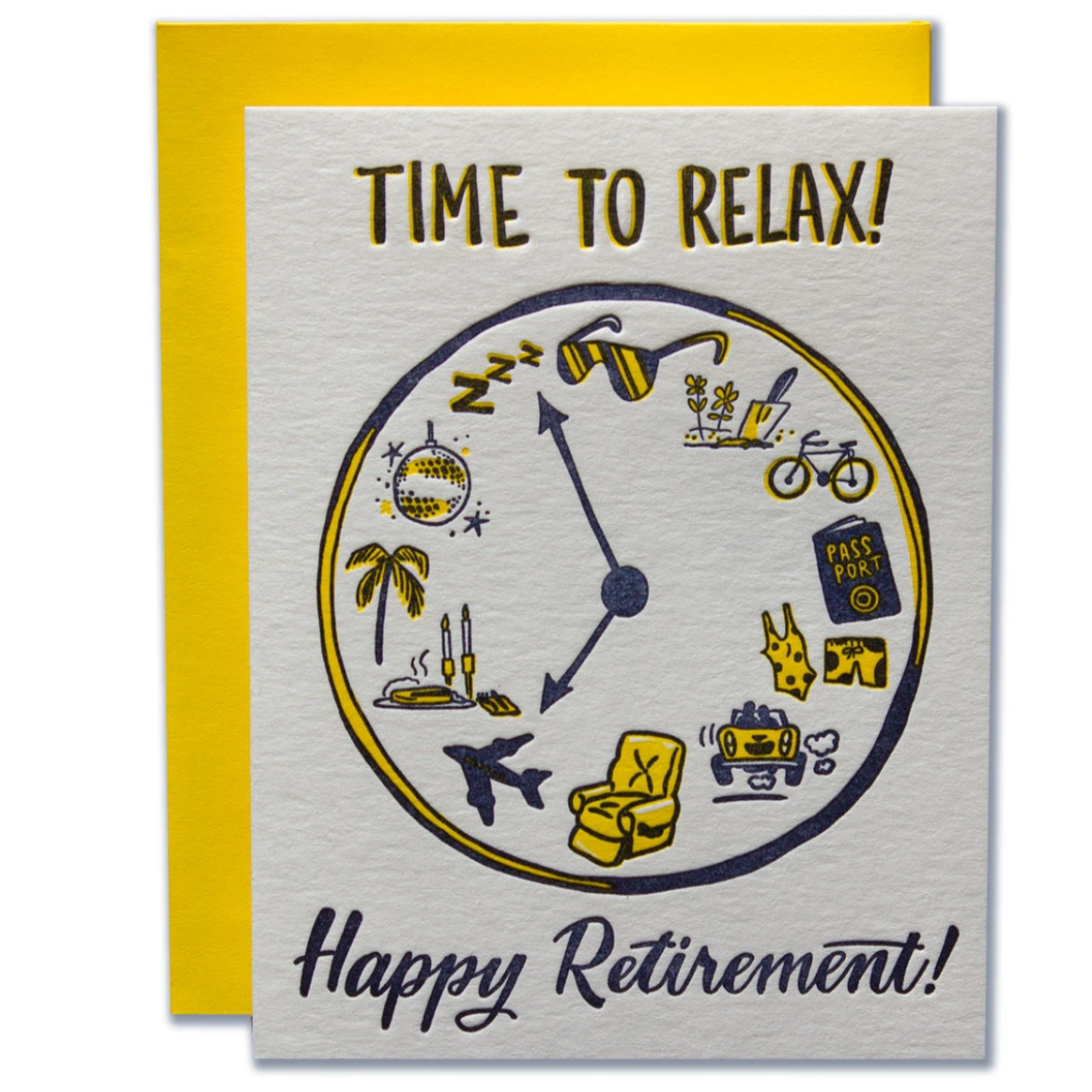 card with clock and instead of numbers it has things like a comfy chair, airplane and bathing suit. It reads "Time to Relax! Happy Retirement!"