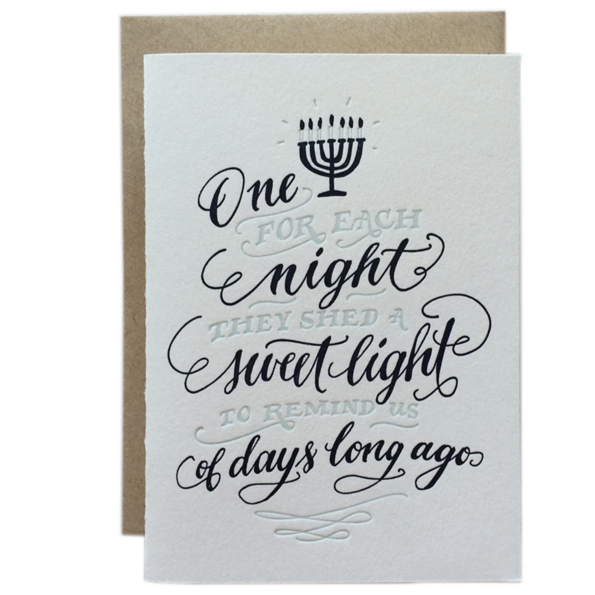 A card with a picture of a menorah reading "One for each night they shed a sweet light to remind us of days long ago."