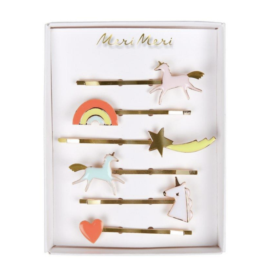 6 enamel hair clips of unicorns, a heart, shooting star and rainbow