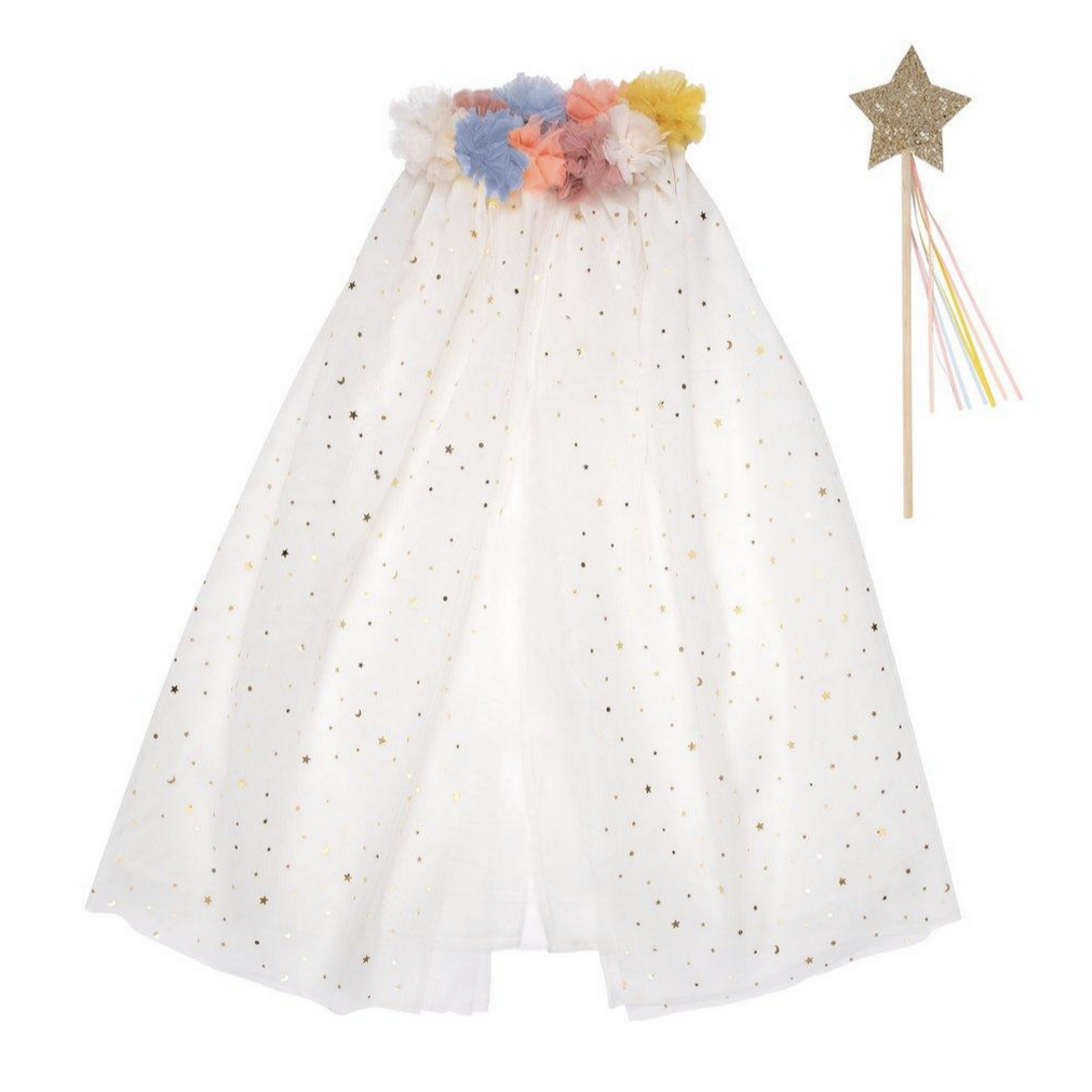 white caope with golden sparkles and pastel colored tulle pompom collar. gold star wand with pastel ribbons ganging down