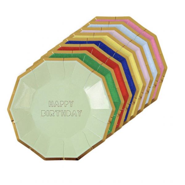 colorful paper plates with 'happy birthday' printed on them