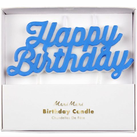 candle  that reads 'happy birthday' in blue script