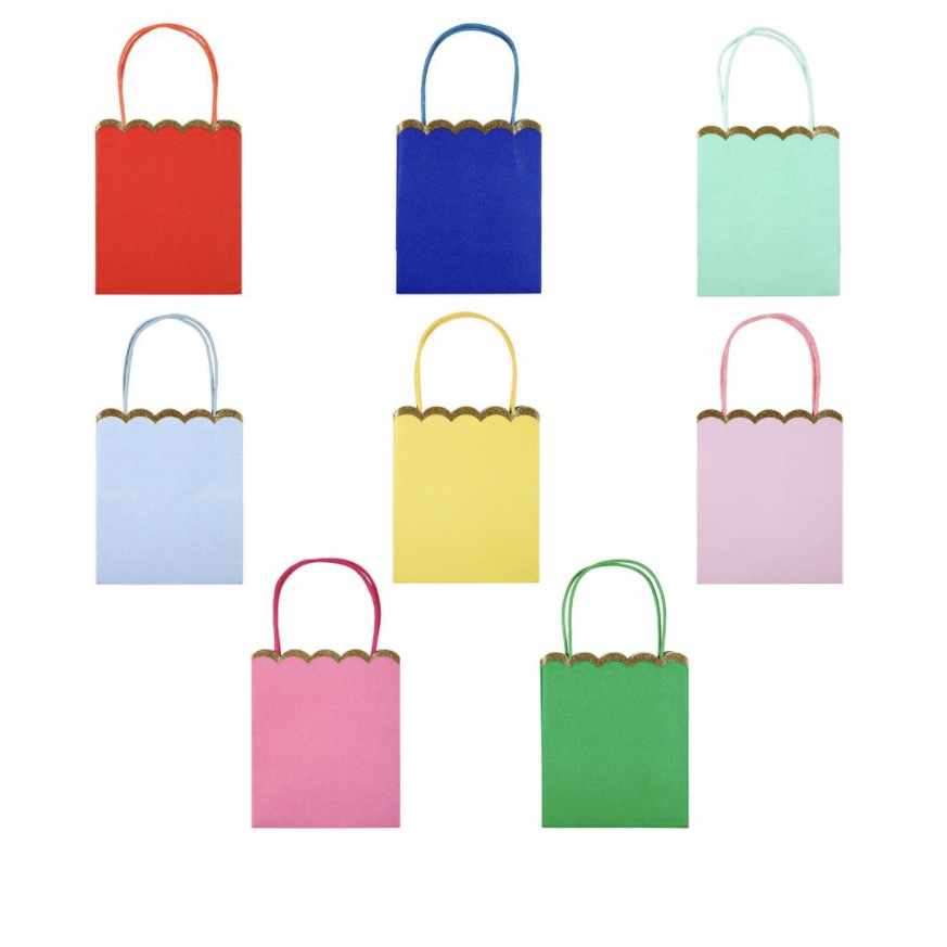 paper bags in red blue green yellow pink and others