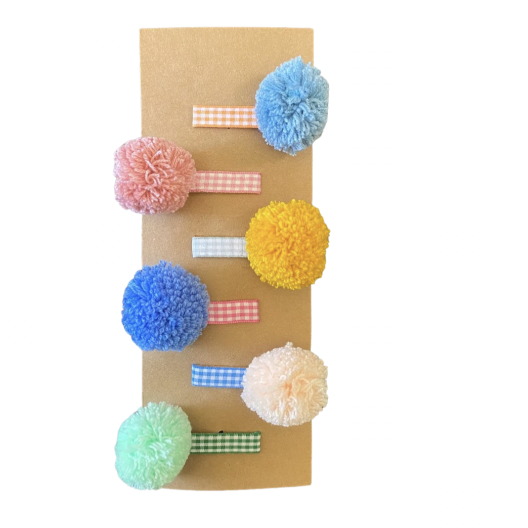 colorful pom pom hair clips with gingham fabric