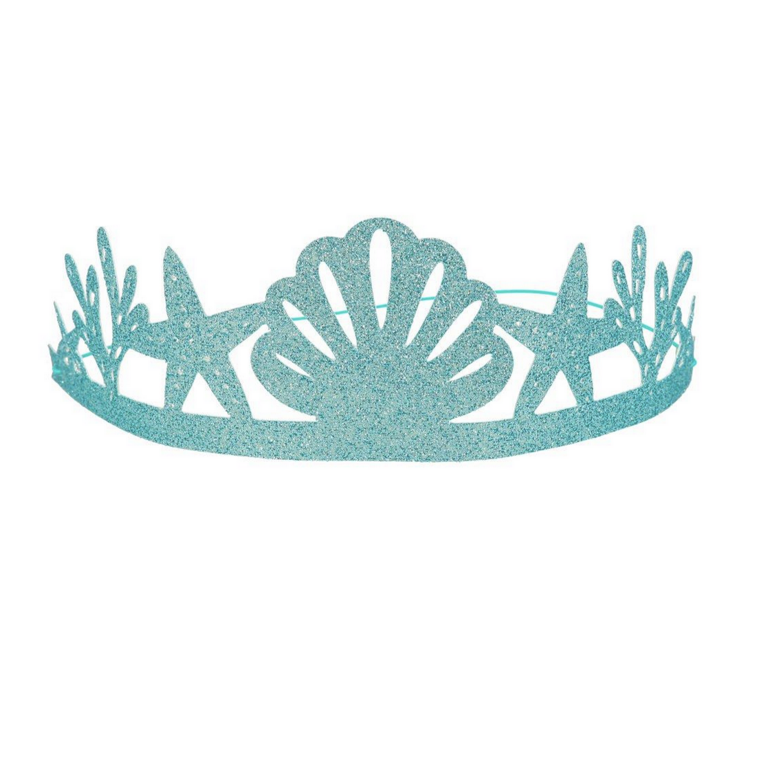 aqua gliitered paper crown with elastic and cut designs of starfish, shells and sea plants