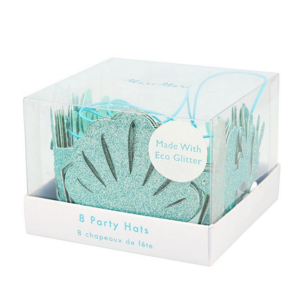 box of aqua gliitered paper crowns with elastic and cut designs of starfish, shells and sea plants