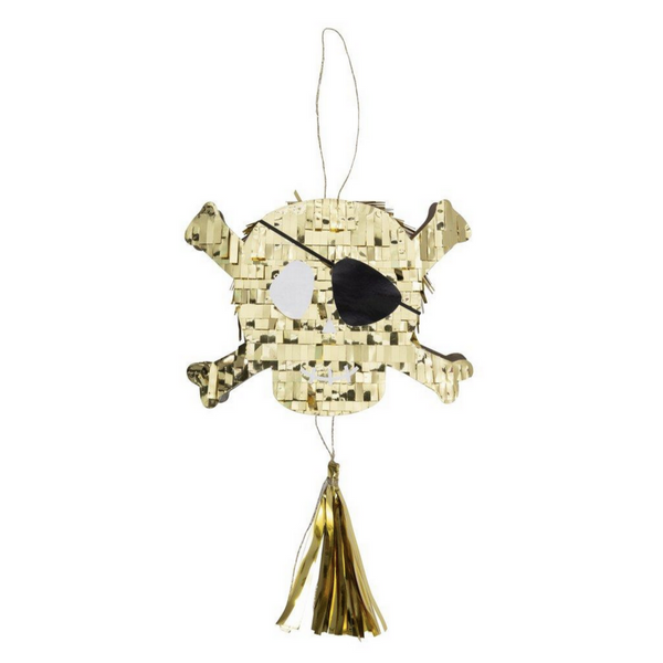 gold fringed skull and crossbones with pirate patch a gold tassle hanging from gold thread loop