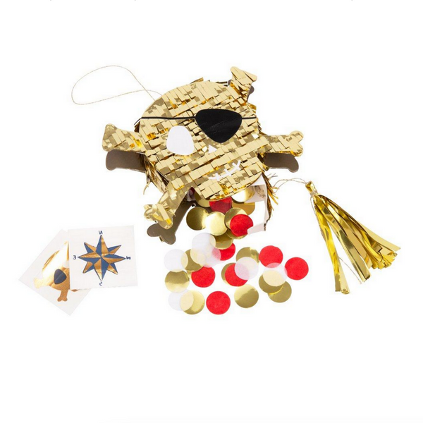 gold fringed skull and crossbones with pirate patch and a gold tassle opened showing confetti and golden tattoos
