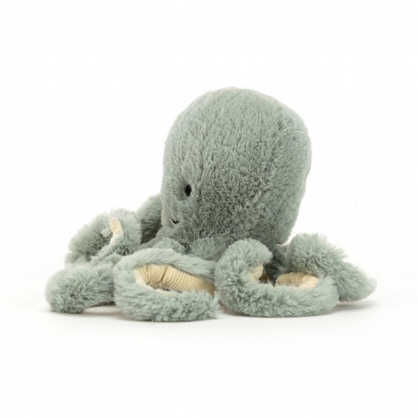 side view of little mint colored fluffy octopus