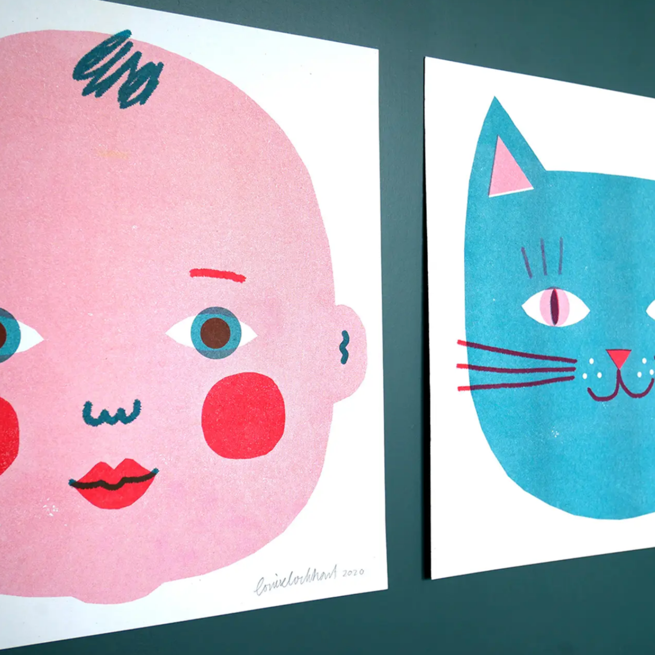 Pink/Teal Baby Square -Louise Lockhart Riso Print