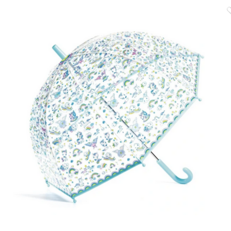 A transparent children's umbrella with a pattern of colorful unicorns and other unicorn-themed illustrations, featuring a blue handle and accents.