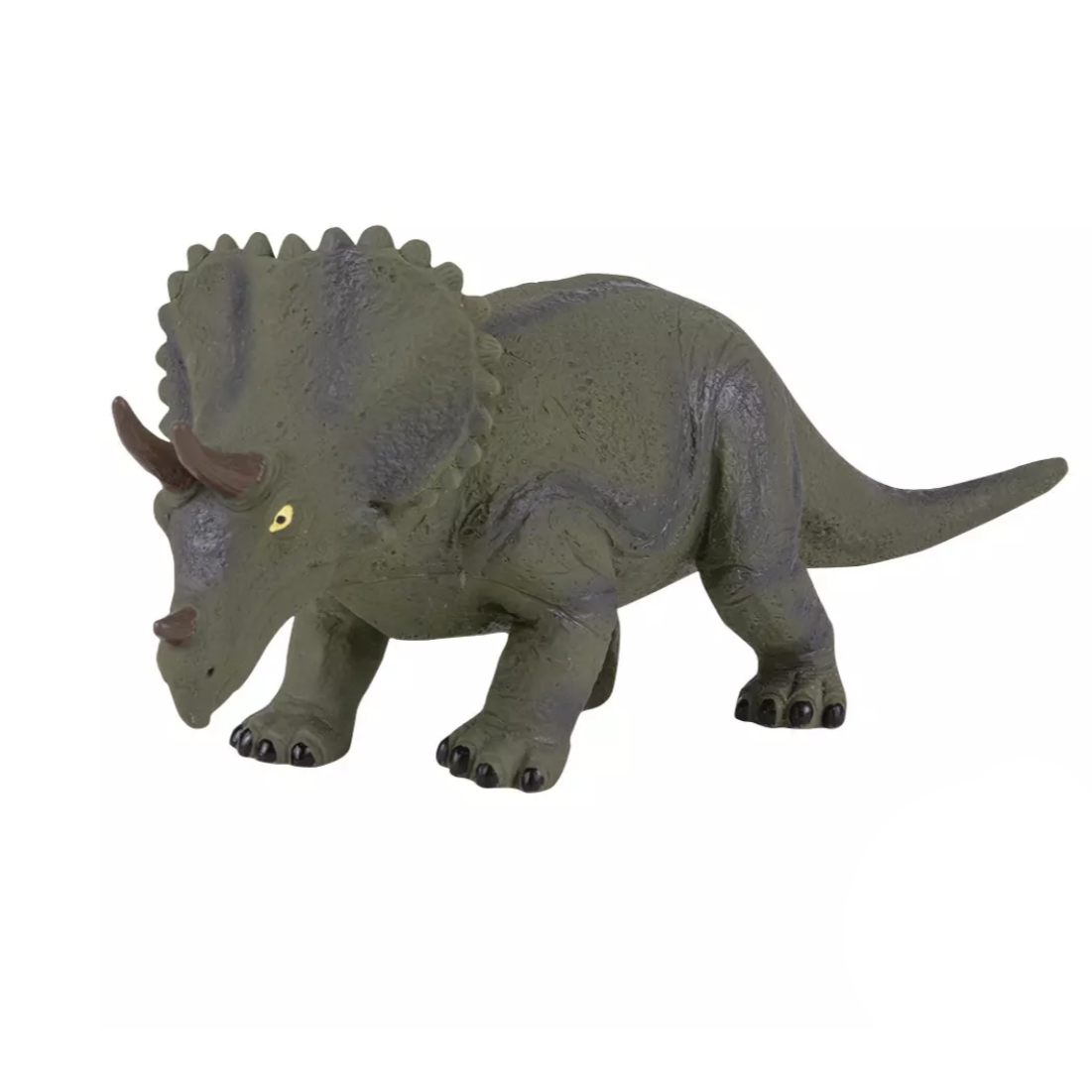 A soft, textured green Triceratops toy dinosaur with a realistic design, suitable for children aged 3 and older.