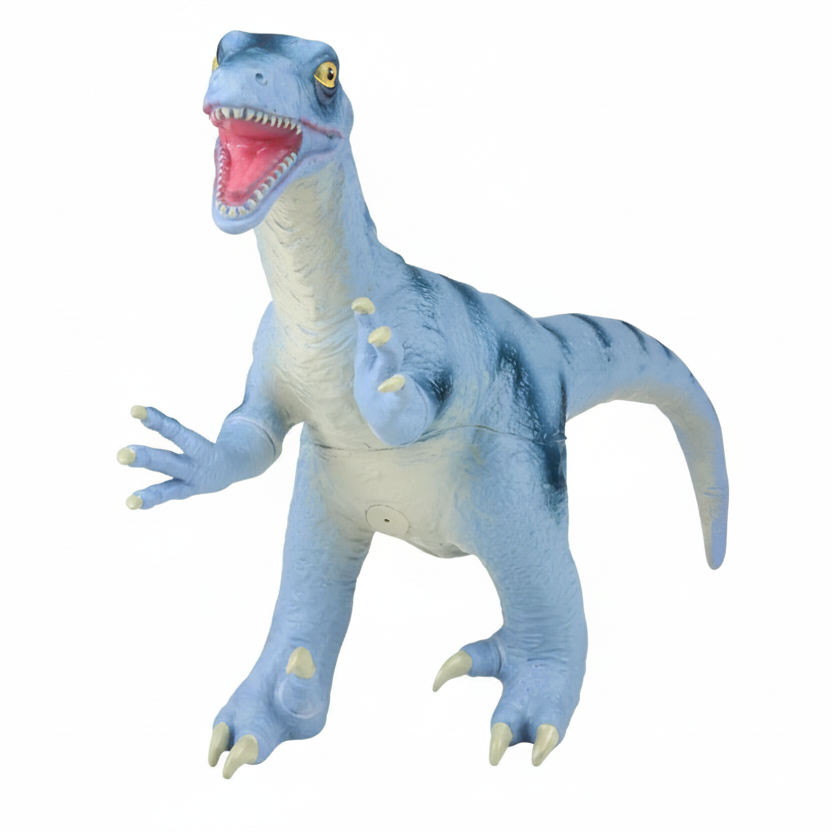 A soft plush toy resembling a blue Velociraptor dinosaur, with a blue striped complexion. 