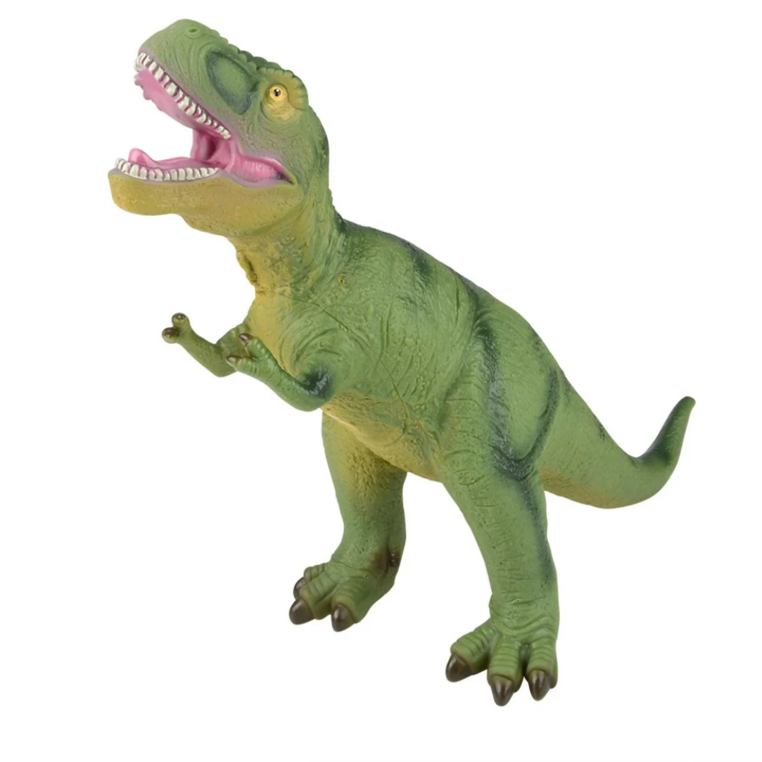 A soft, green T-Rex dinosaur toy with orange and black striped details on its back.