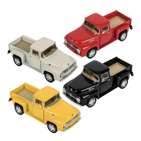 A collection of 5-inch die-cast model Ford F-100 pickup trucks in four different colors: red, gray, black, and yellow.