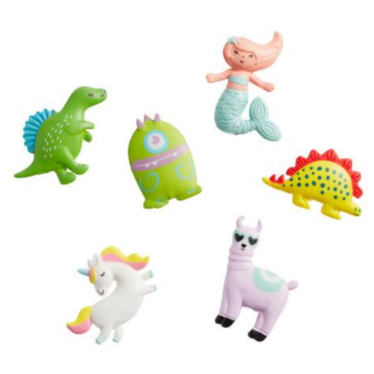 A set of three toy figures that include a mermaid, a dinosaur, and an alien, designed for children's play.