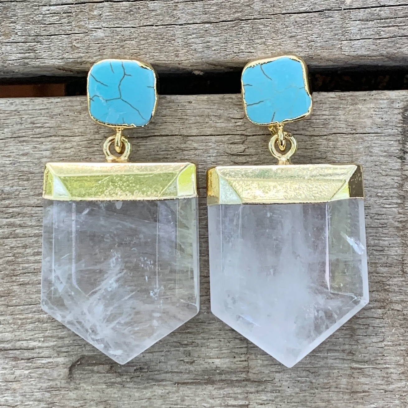 Crystal Quartz Pendant Turquoise Stud Gold Earrings