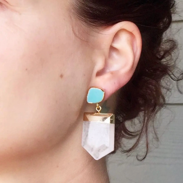 Crystal Quartz Pendant Turquoise Stud Gold Earrings
