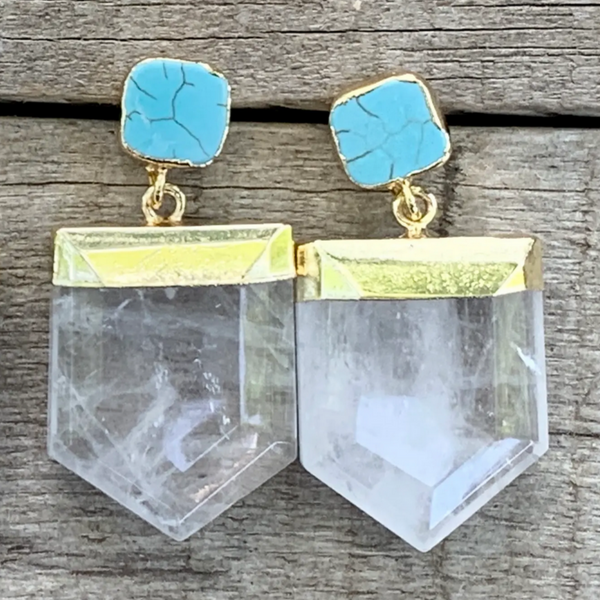 Crystal Quartz Pendant Turquoise Stud Gold Earrings