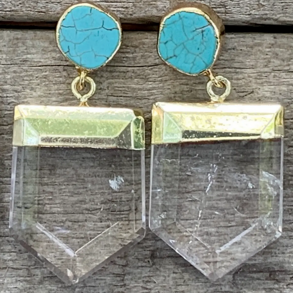 Crystal Quartz Pendant Turquoise Stud Gold Earrings