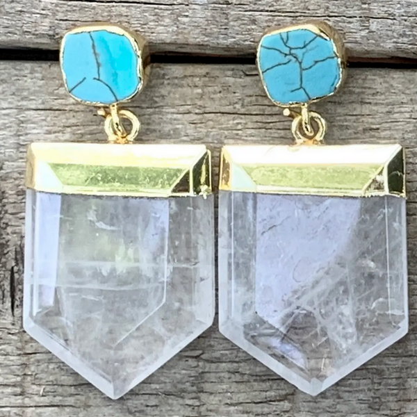 Crystal Quartz Pendant Turquoise Stud Gold Earrings