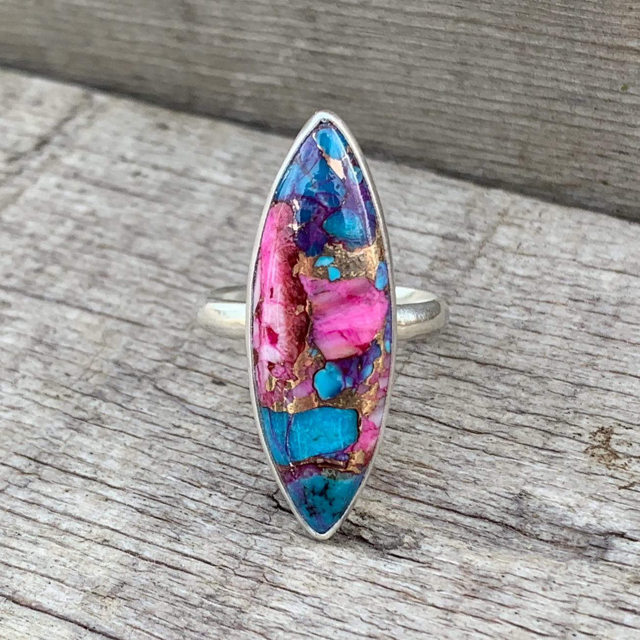 Marquise Dahlia Copper Turquoise Sterling Silver Ring