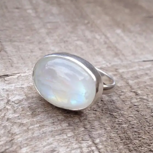 Horizontal Oval White Rainbow Moonstone Sterling Silver Ring