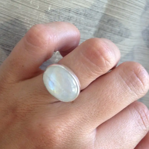 Horizontal Oval White Rainbow Moonstone Sterling Silver Ring