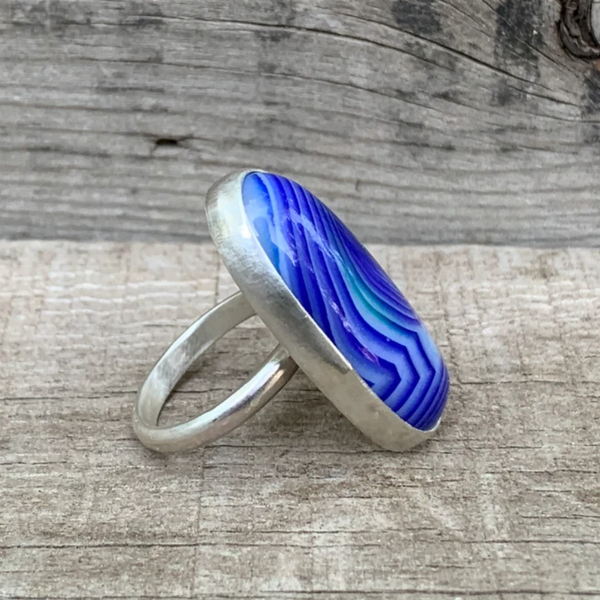 Large Oval Blue and White Agate Sterling Silver Ring (sz 8 & 9)