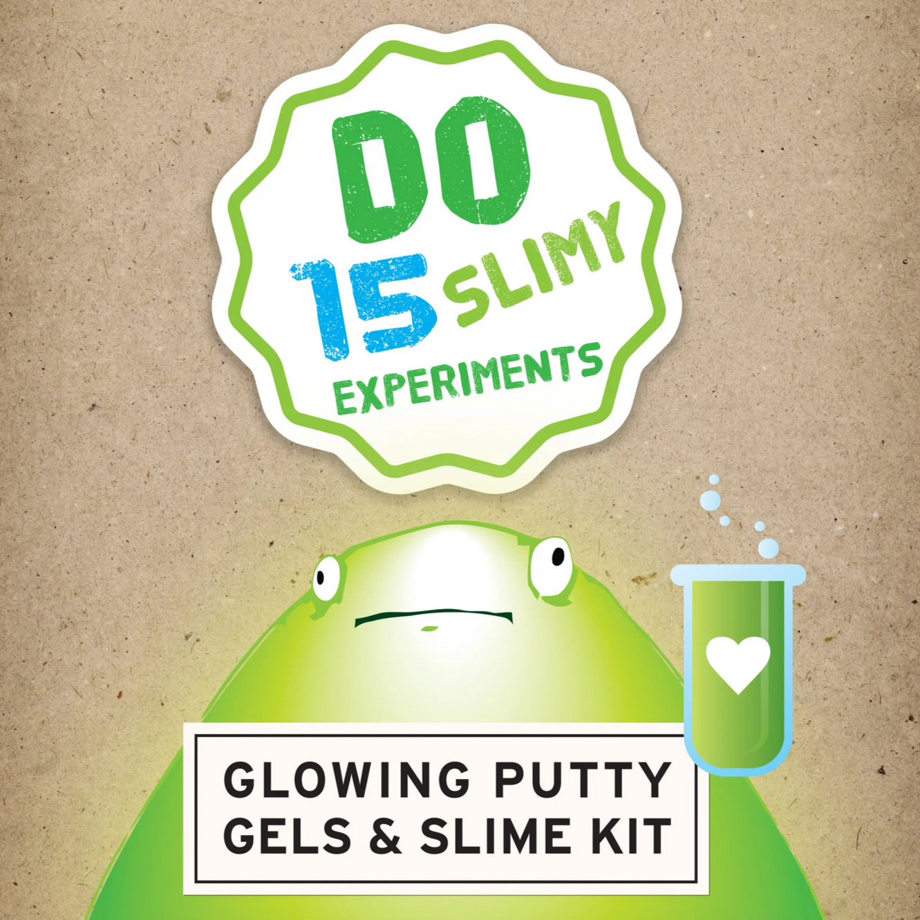 Promotional image for a Glowing Putty, Gels & Slime Kit featuring a green slime character and text detailing the kit's contents and age suitability.