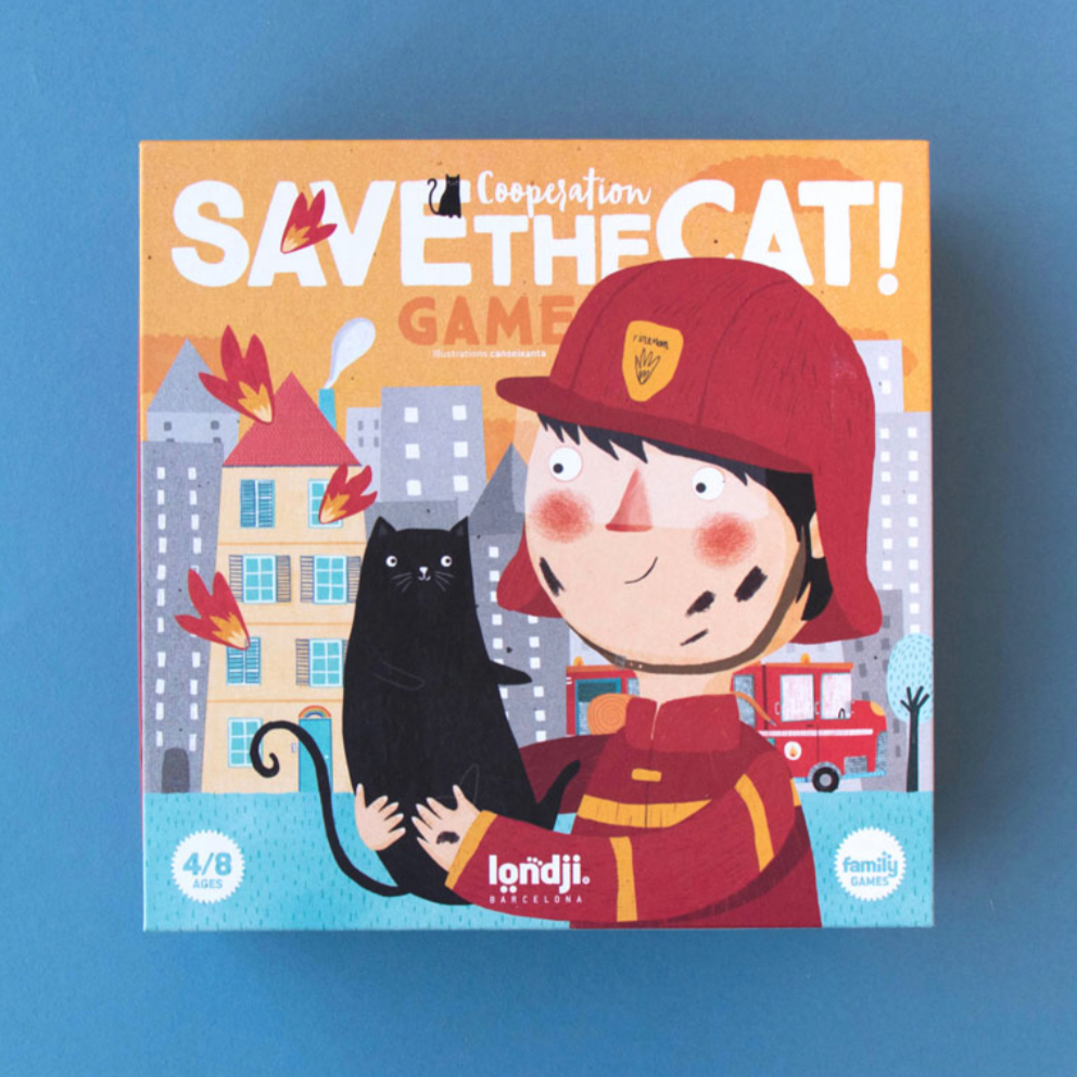 A colorful boxed cooperative card game titled 'Save the Cat!' featuring an illustration of a firefighter with a black cat on his shoulder, against a cityscape background with a fire truck.