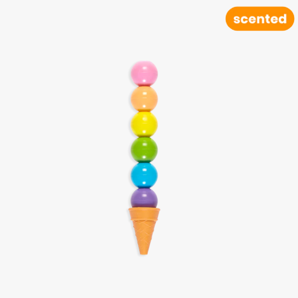 A stack of colorful ice cream cone-shaped stackable erasable crayons with a vanilla scented eraser at the top.
