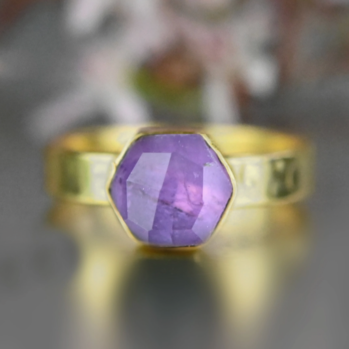 Amethyst Hexagon Ring on a Hand Hammered Band