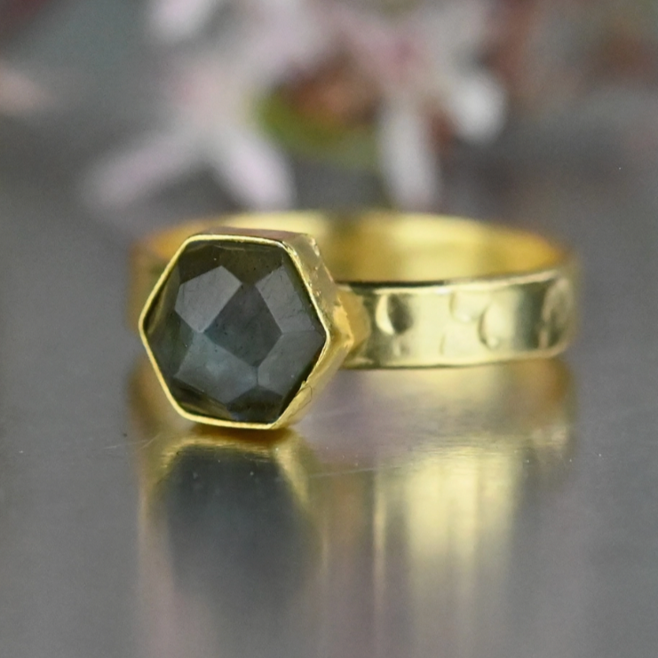 Amethyst Hexagon Ring on a Hand Hammered Band