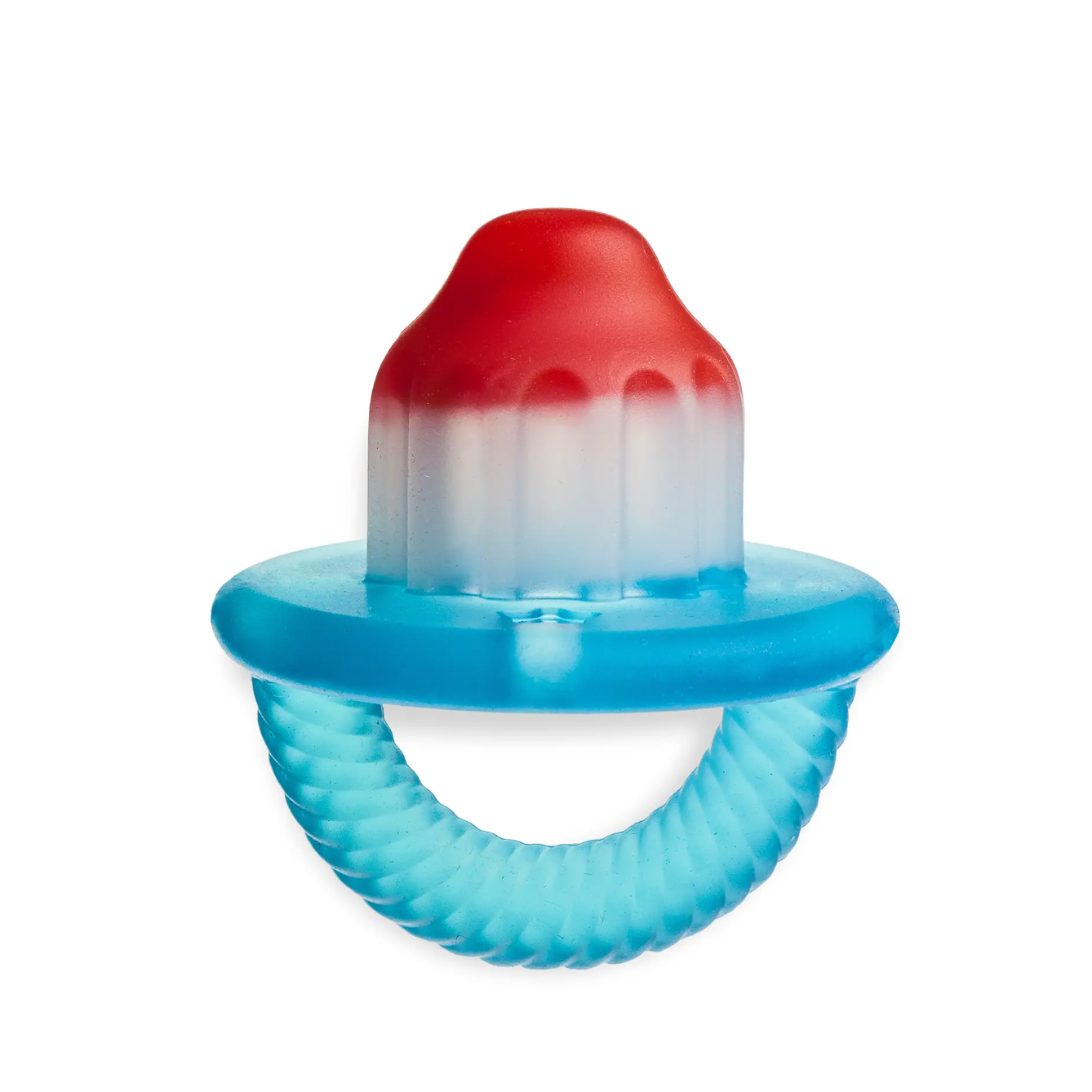 A silicone teether in the shape of a flexible, hollow nipple with a red and blue color scheme, designed for soothing sore gums.